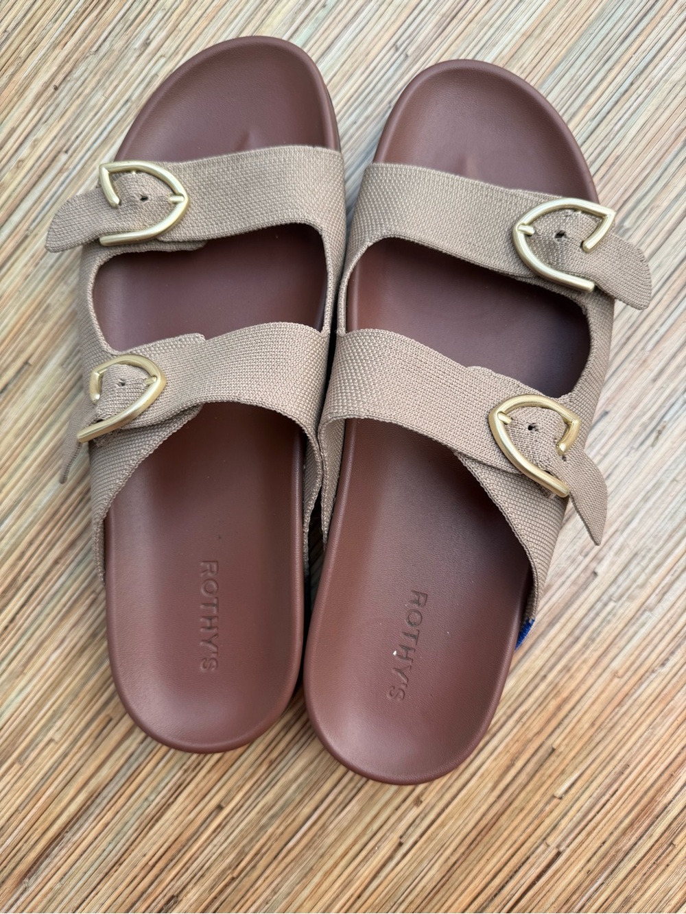 Rothy's Beige Dual-Buckle Slide Sandals with Gold Buckles